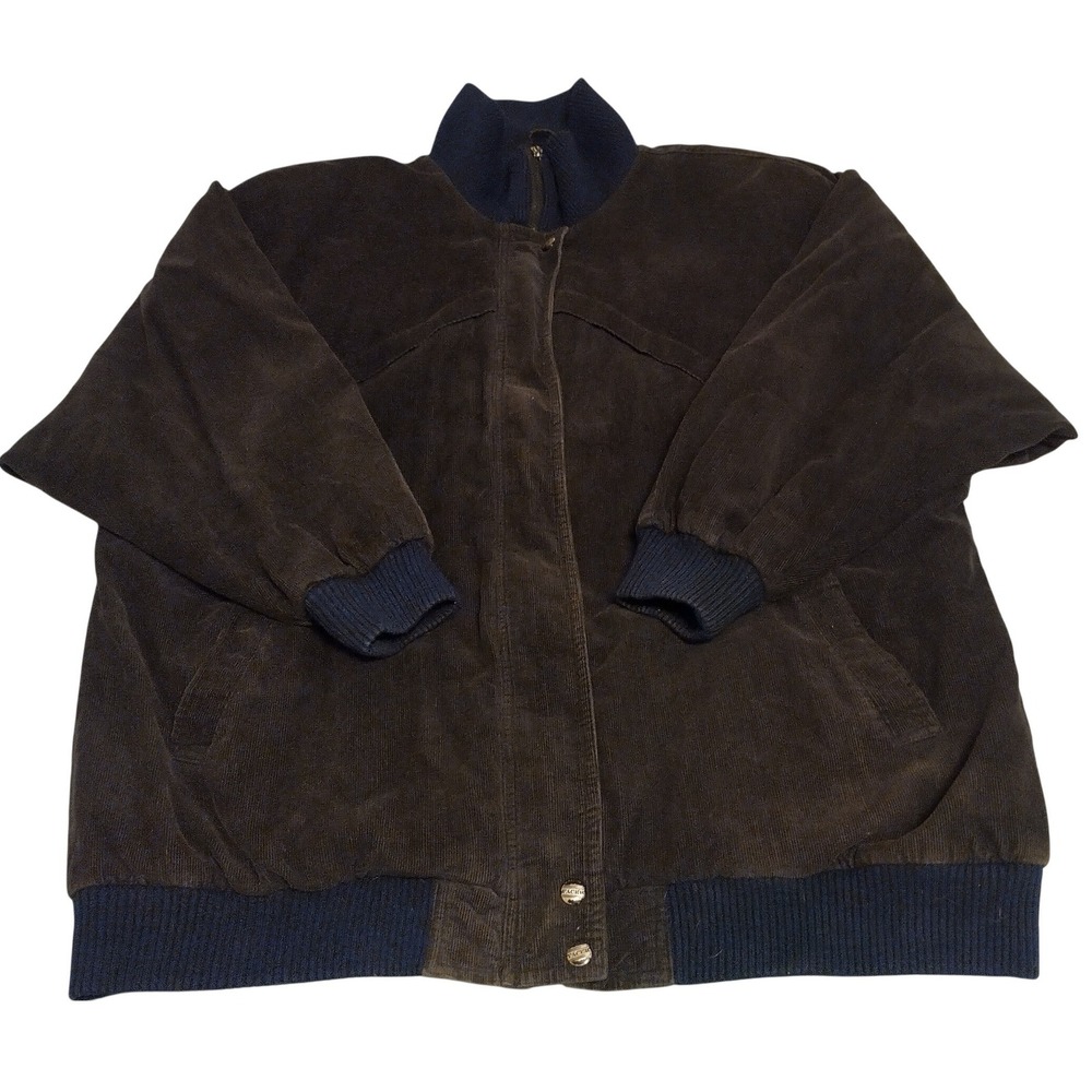 Pacer Corduroy Bomber Jacket Plaid Lined Dark Brown Navy Blue Trim L Korea